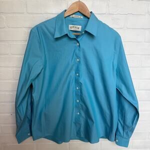 Orvis Women's Wrinkle Free 100% Cotton Turquoise Blue Button Down Shirt sz 14
